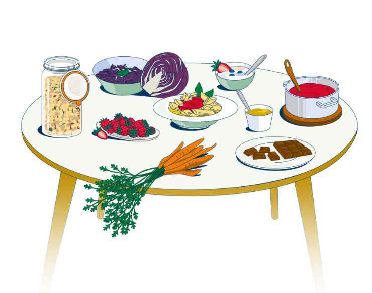 Bild eines runden Ess-Tisches mit Lebensmitteln, wie Müsli, Karotten, Senf und Pasta-Teller.