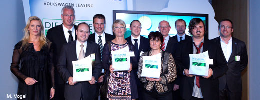  NABU-Bundesgeschäftsführer Leif Miller (1. v. re.) mit den Preisträgern des Umwelt-Awards „Die Grüne Flotte“. <br><br>