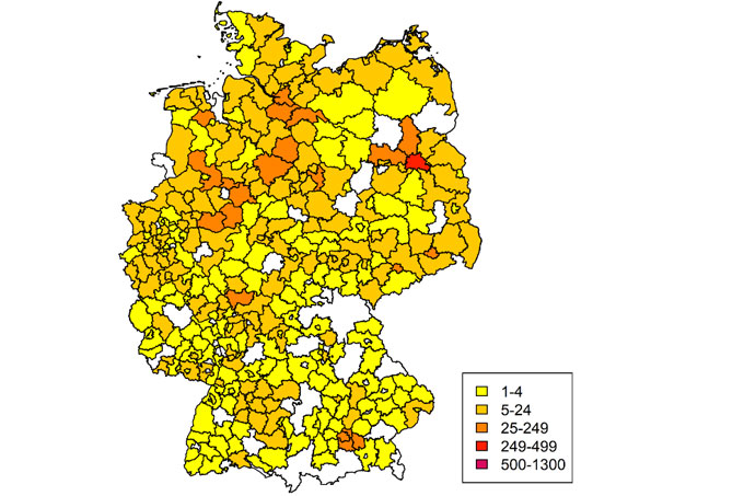 Verbreitung der Usutu-Verdachtsfälle in Deutschland 2019 (Stand: 29. August 2019) - Grafik: Bernhard-Nocht-Institut für Tropenmedizin (BNI)/Renke Lühken