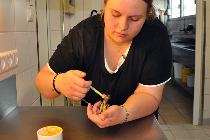 Rebecca Strege füttert eine kleine Meise, die in der Möbelabteilung eines Geschäftes gefunden wurde. - Foto: Bianka Brobeil