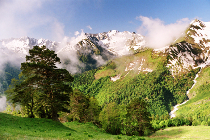 Eine Berglandschaft in Adygea leuchtet im sommerlichen Grün.
