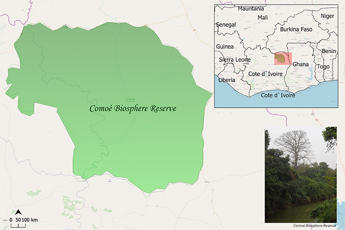 Eine Karte des Comoé Biosphärenreservats in Afrika.