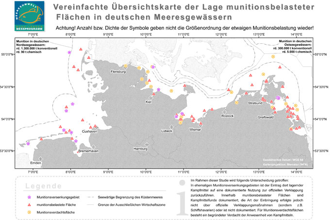Karte der Lage munitionsbelasteter Flächen in deutschen Meeresgewässern Quelle: www.schleswig-holstein.de (Vergrößern durch Klick auf das Bild.)