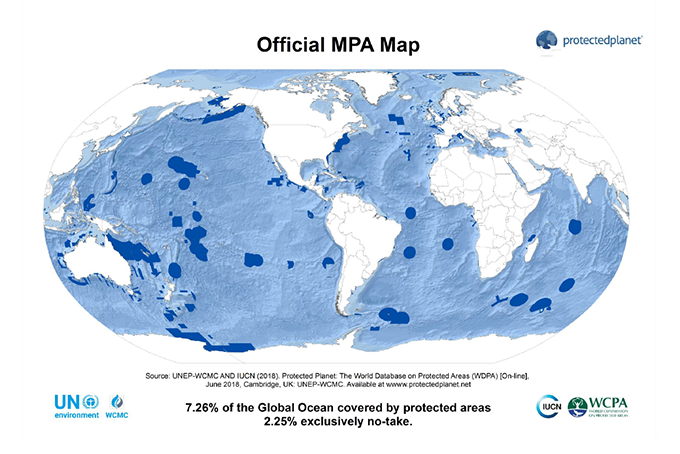 Mehr als sieben Prozent der Ozeane sind als Schutzgebiete anerkannt. Grafik: UNEP-WCMC und IUCN, 2018