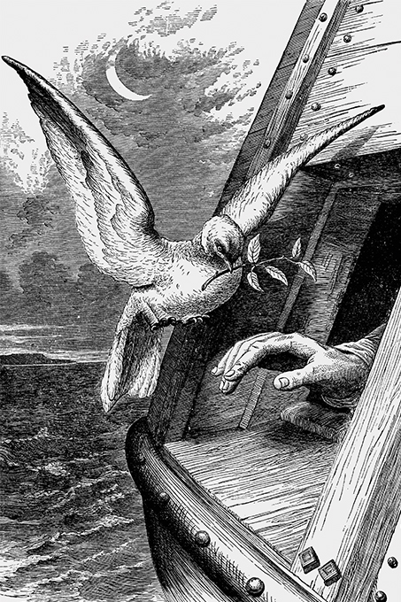 Eine Taube kehrt mit einem frischen Olivzweig im Schnabel zur Arche Noah zurück. - Foto: istock/twpixels