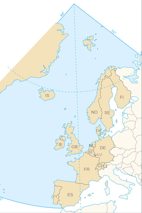 OSPAR-Konventionsgebiet und Vertragsstaaten (beige) - Quelle: Von Eric Gaba - Own work, based upon the map available on the OSPAR Commission\'s site, <a href=" https://commons.wikimedia.org/w/index.php?curid=1354482" target="_blank" >CC BY-SA 2.5</a>