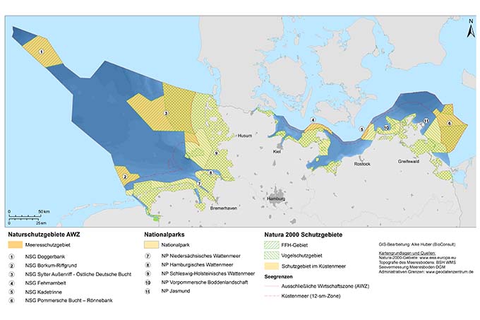 Karte, die die Meeresschutzgebiete, Natura-2000-Gebiete und Nationalparks in der deutschen Nord- und Ostsee zeigt.