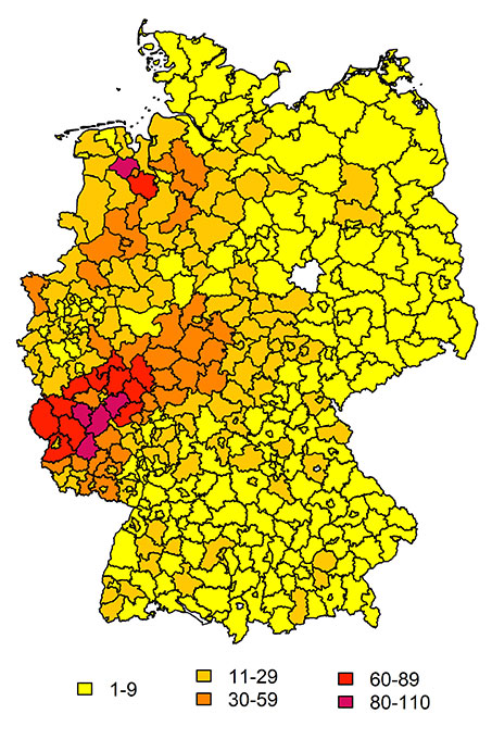 Meldungen zum Meisensterben je Landkreis pro 100.000 Einwohner, Stand 17. April 2020 *(s.u.) - Grafik: Bernhard-Nocht-Institut für Tropenmedizin/Renke Lühken