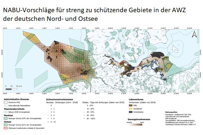 Kartendarstellung, der streng zu schützenden Gebiete in der deutschen AWZ der Nord- und Ostsee.