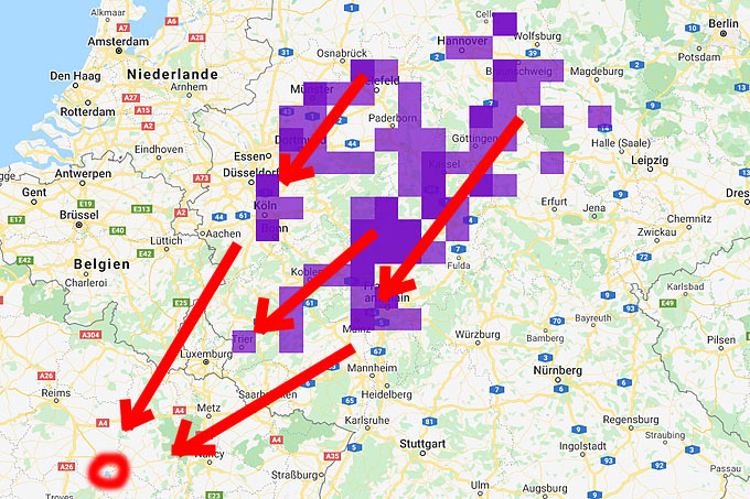 Karte der Kranichbeobachtungen am 14. Oktober, unten links der Rastplatz Lac du Der. - Quelle: www.naturgucker.de, Kartengrundlage: Google Maps