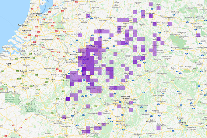 Ganz schön was los: Karte der Kranichbeobachtungen am Dienstag (16.) - Quelle: www.naturgucker.de, Kartengrundlage: Google Maps
