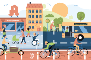 Wimmelbild einer Stadt mit verschiedenen Szenen einer Klimaneutralen und sozialverträglichen Mobilität